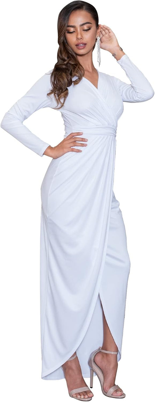 Womens Long Sleeve Formal Wrap Draped Cocktail V-Neck Gown Maxi Dress