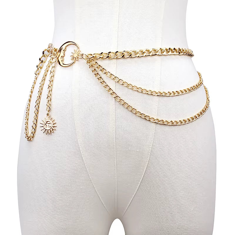 1Pc Women Waist Chain Belt for Dress Skirt Belts with Moon Star Waistbands Gold Silver Ladies Clothing Accessories