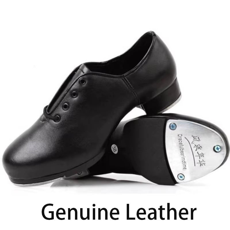Genuine Leather Adult Tap Dance Shoes Men Women Kicked Shoes Sports Leather Soft Bottom High-Impact Aluminum Plate Black Shoe