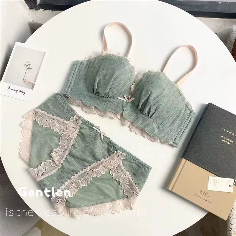 Seamless Bra Set for Women Underwear Wire Free Mesh Lace Bralette Push up Bra and Panty Set Comfortable Intimates Sexy Lingerie