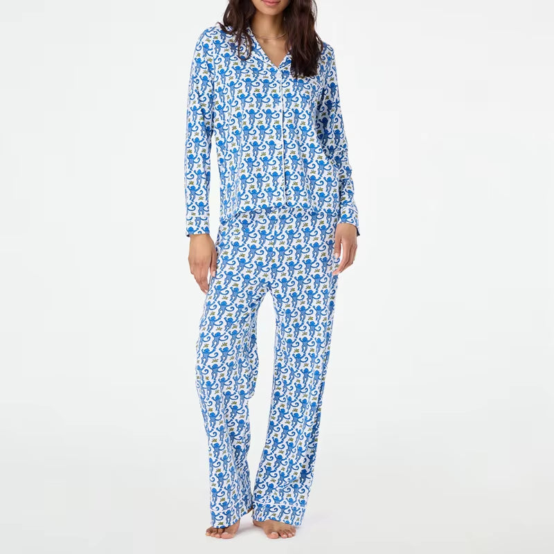 Cartoon Monkey Long Sleeves Blouse Shirt + Elastic Pants Women 2 Piece Pajama Set for Loungewear Comfy Sleepwear Vintage Outfits