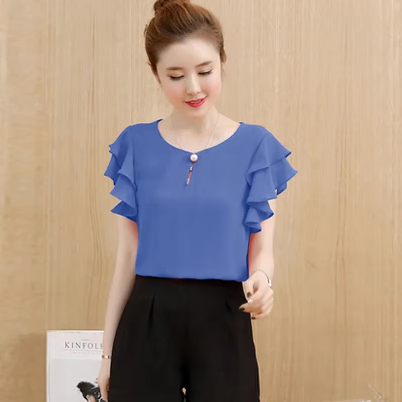 Summer Short Sleeve White Blouse Shirt Blouse Women 2025 O-Neck Chiffon Blouse Shirt Blouse Women Tops Blouses D198