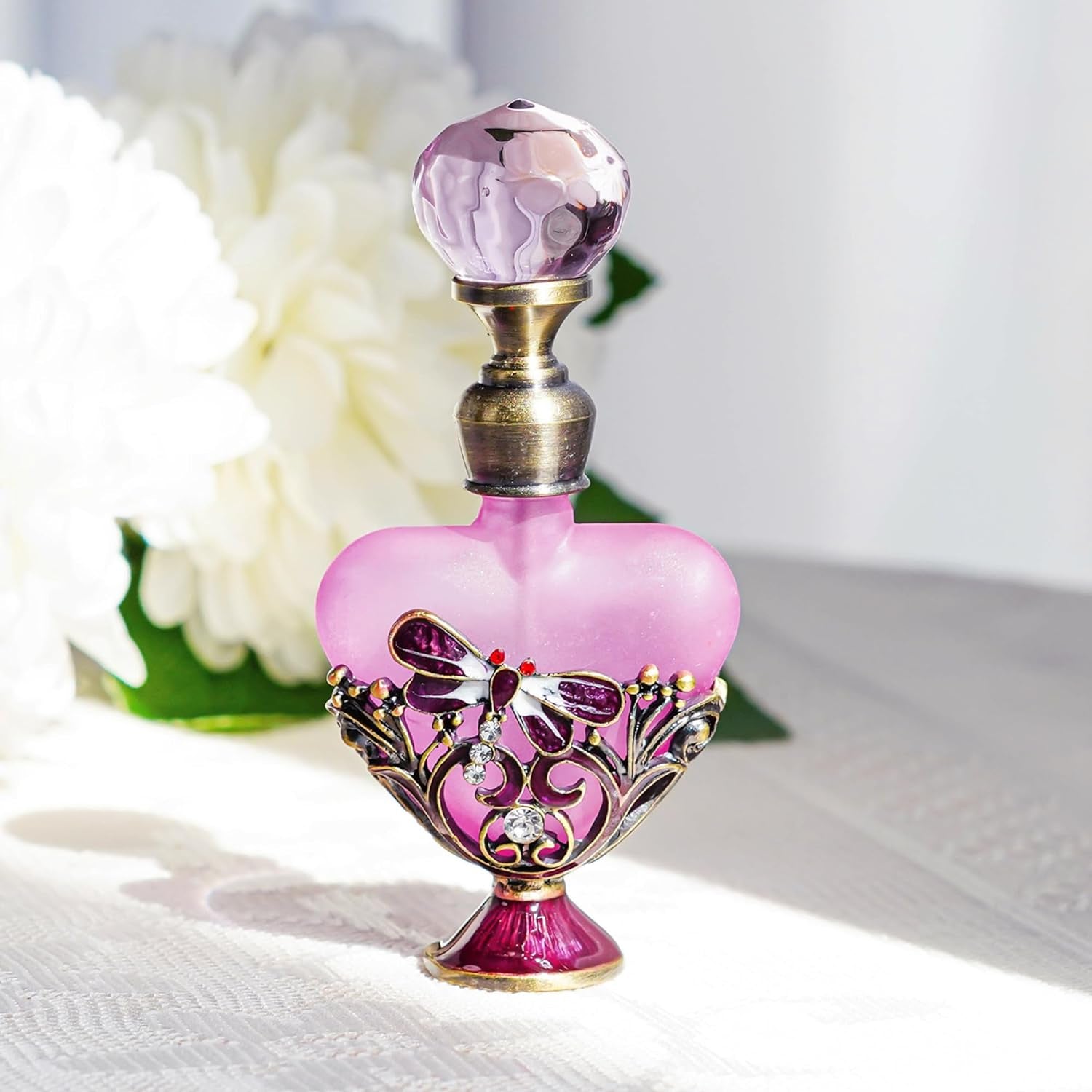 Vintage Dragonfly Pewter and Glass Perfume Bottle with Diamand, Empty Refillable Mini Perfume Bottle