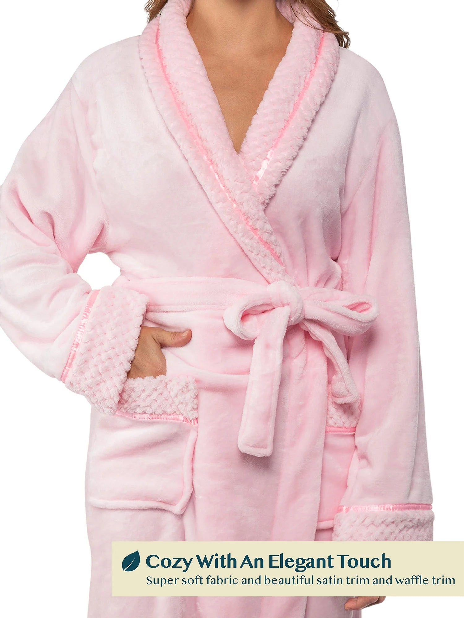 Soft Plush Women Fleece Robe, Pink Cozy Bathrobe, Female Long Spa Robe, Warm Housecoat, Satin Waffle Trim, L/XL