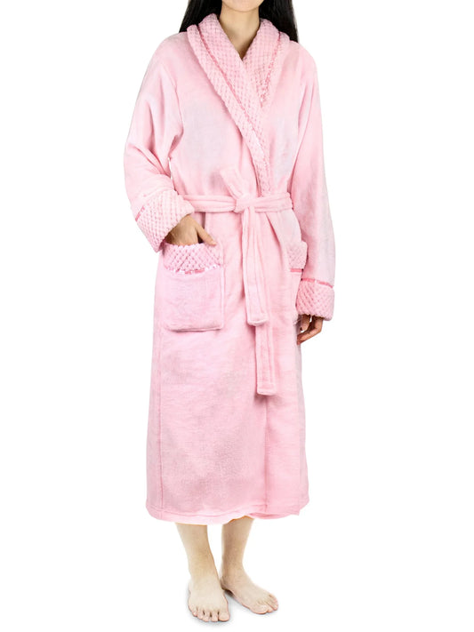 Soft Plush Women Fleece Robe, Pink Cozy Bathrobe, Female Long Spa Robe, Warm Housecoat, Satin Waffle Trim, L/XL