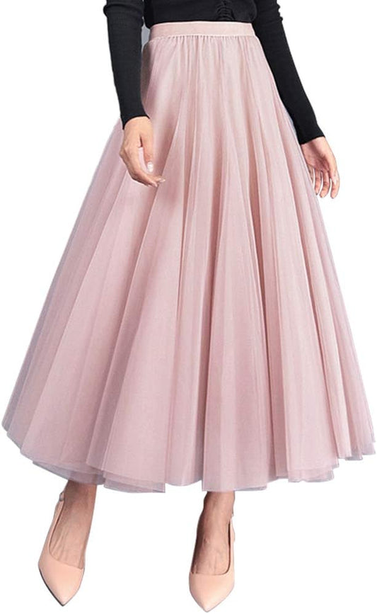 Tulle Skirts for Women Pleated Layered Tutu Skirt Ladies Elegant Flowy Long Skirts Bridesmaid Wedding Midi Skirt