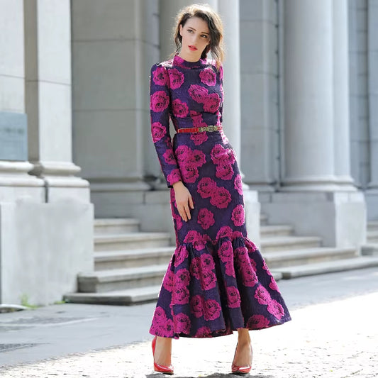Elegant Brocade Women Long Mermaid Dress Vintage Flower Slim Clothing Stand Collar Party Dresses Robe Femme Vestido