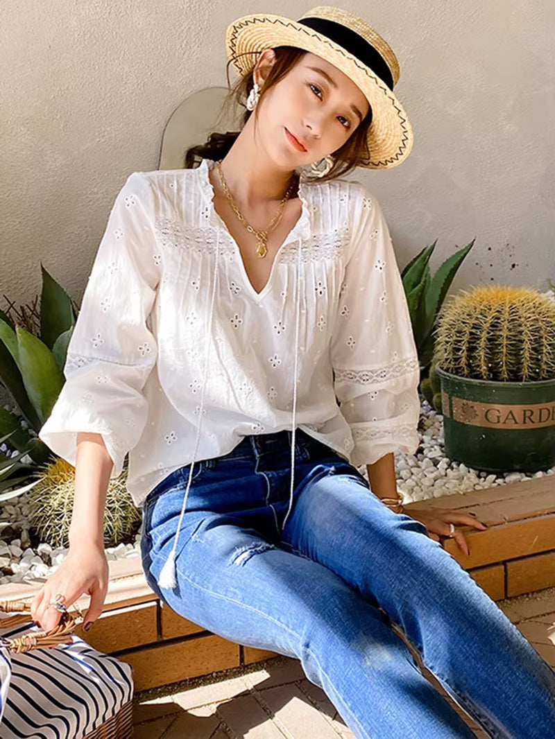 Gypsylady White Casual Chic Blouse Shirt Lace Patchwork Elegant Spring Women Blouse Ruffles Long Sleeve Hollow Out Ladies Top
