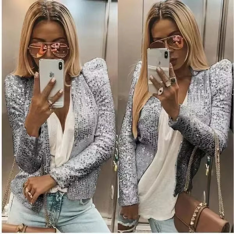 Women Sequin Jackets Glitter Long Sleeve Short Coats Streetwear Elegant Solid Female Tops Female Ladies Office Wear Streetwear