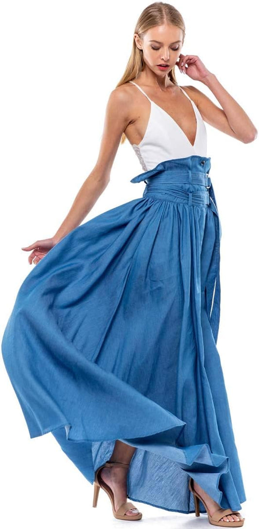 Women'S Double Belted High Waist Maxi Jean Skirt