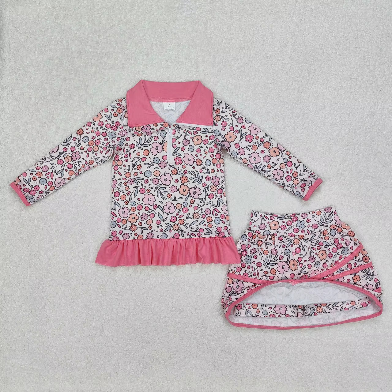 Wholesale Infant Long Sleeves Clothing Blue Flower Shirt Baby Girl Floral Outfit Toddler Skirt Skorts Shorts Children Kids Set
