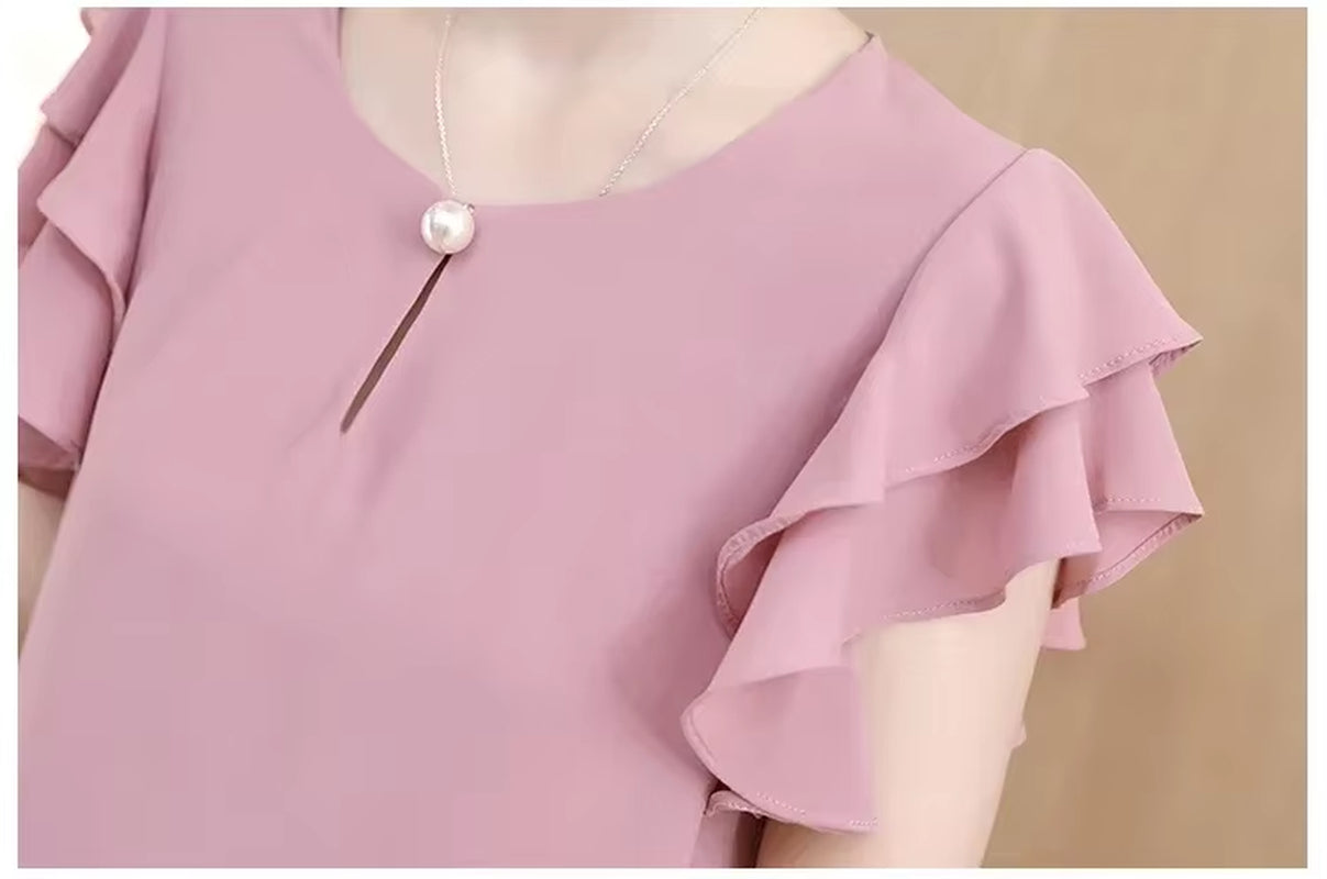 Summer Short Sleeve White Blouse Shirt Blouse Women 2025 O-Neck Chiffon Blouse Shirt Blouse Women Tops Blouses D198
