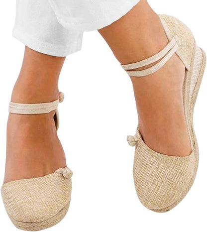 Women Closed Toe Ankle Strap Espadrille Sandals Retro Style Platform Wedge Thick Bottom Shoes Beige