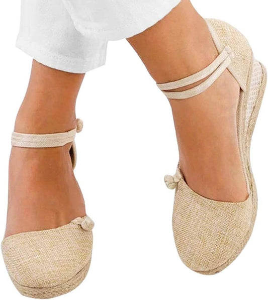 Women Closed Toe Ankle Strap Espadrille Sandals Retro Style Platform Wedge Thick Bottom Shoes Beige