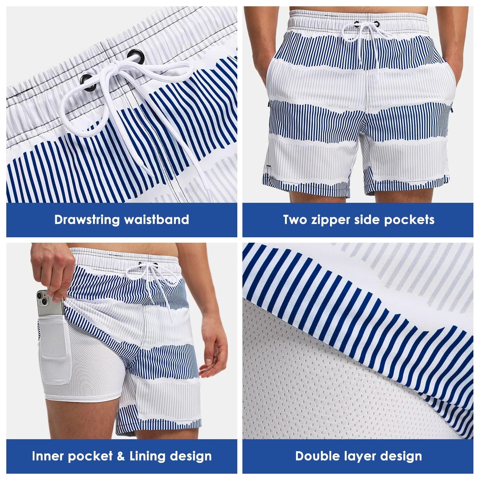 Mens Swim Trunks Stretch Water Beach Shorts with Compression Liner 2 in 1 Quick-Dry Swimming Shorts with Zipper Pockets, Blue White Stripes, M