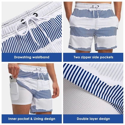 Mens Swim Trunks Stretch Water Beach Shorts with Compression Liner 2 in 1 Quick-Dry Swimming Shorts with Zipper Pockets, Blue White Stripes, M