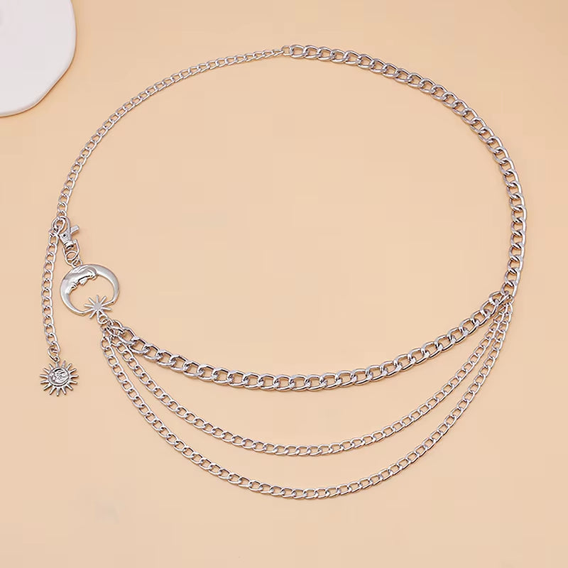 1Pc Women Waist Chain Belt for Dress Skirt Belts with Moon Star Waistbands Gold Silver Ladies Clothing Accessories