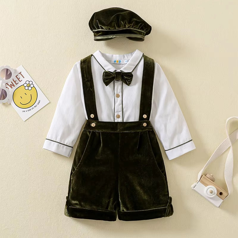 Newborn Clothes Suit Baby Boy Clothing Sets for Birthday Wedding Party Children Withe Blouse Velvet Pants 3Pcs Outfits with Hats