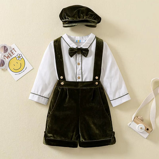 Newborn Clothes Suit Baby Boy Clothing Sets for Birthday Wedding Party Children Withe Blouse Velvet Pants 3Pcs Outfits with Hats