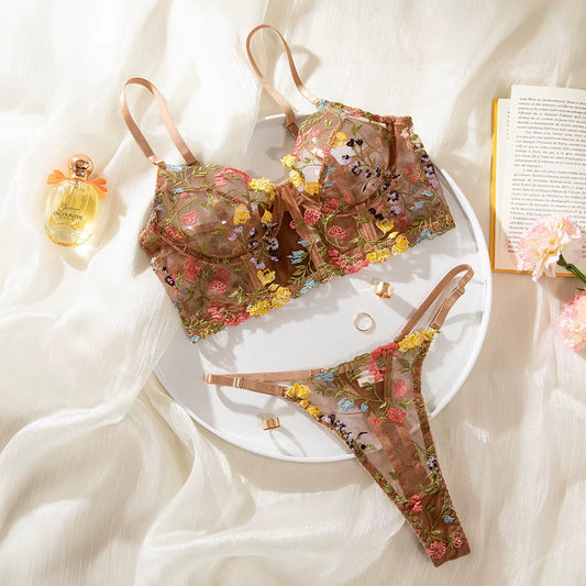Floral Embroidery Lingerie Set Women Boho Intimates Sensual Sexy 2-Piece Bra + Panty Underwear Set