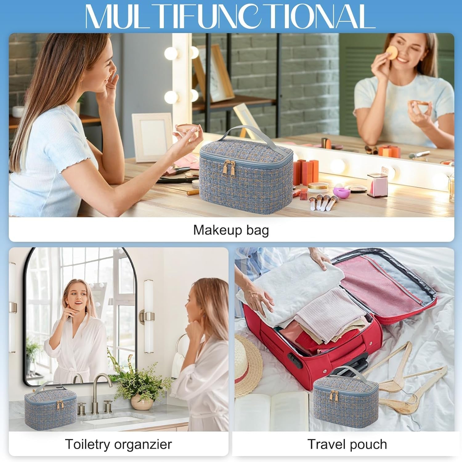 Travel Makeup Bag,High Capacity Toiletries Travel Bag,Waterproof and Wear-Resistant Portable Cosmetic Organizer,With Comfortable Handle,Suitable for Ladies and Girls (Blue)