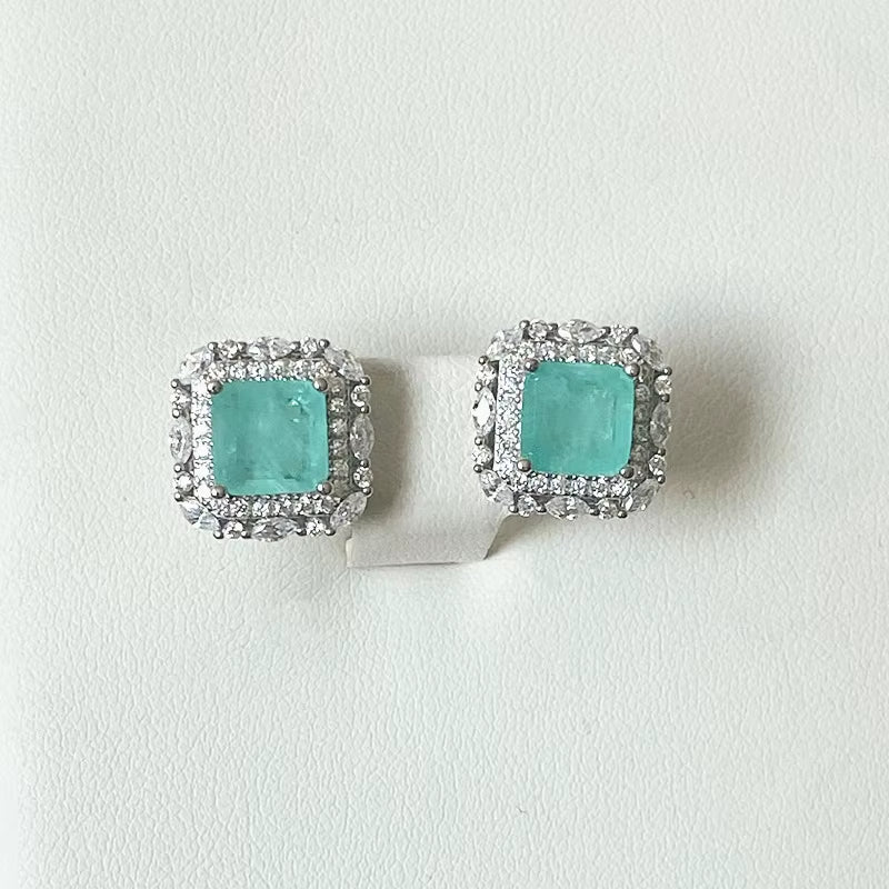 Wholesale  Brand 100% 925 Sterling Silver Paraiba Tourmaline Gemstone Birthstone Ear Studs Earrings Ladies Fine Jewelry