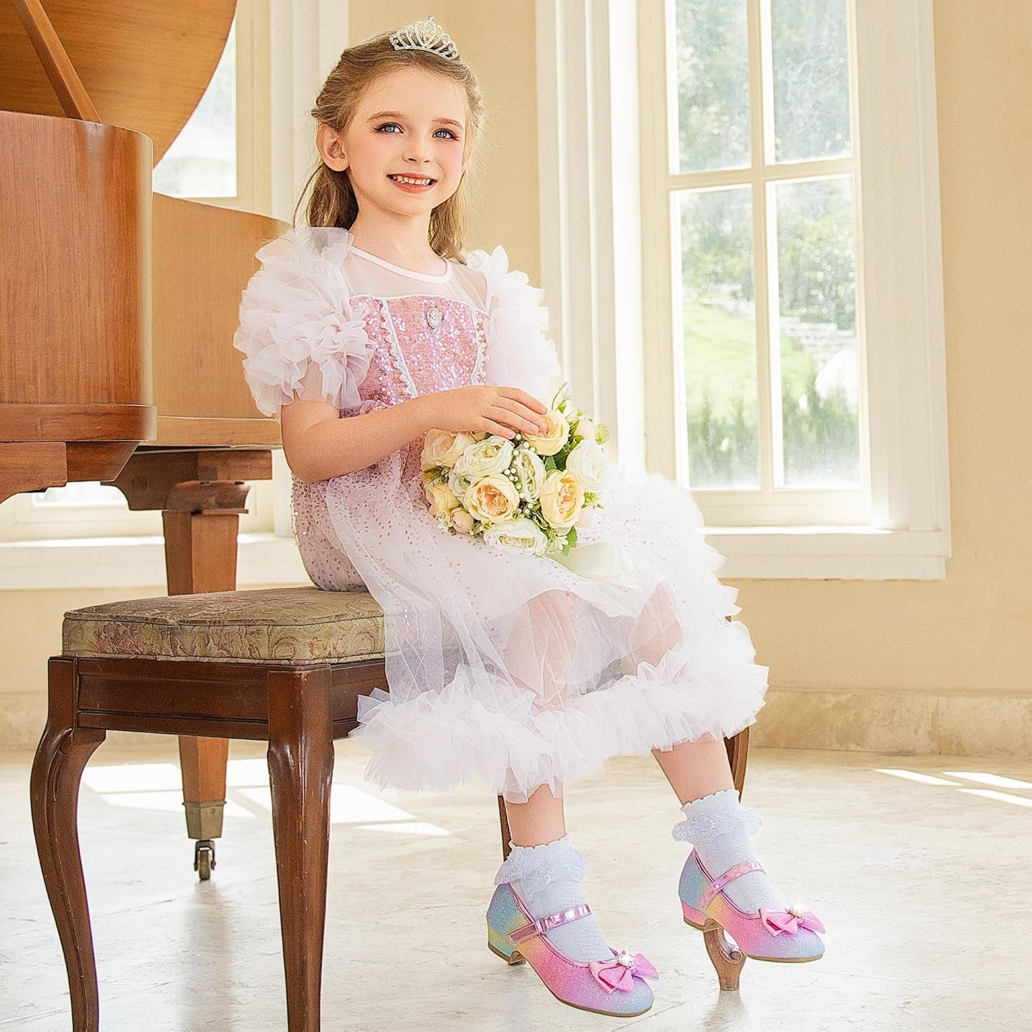 Girls Dress Shoes Mary Jane Wedding Flower Bridesmaids Heels Glitter Princess Shoes for Kids Toddler