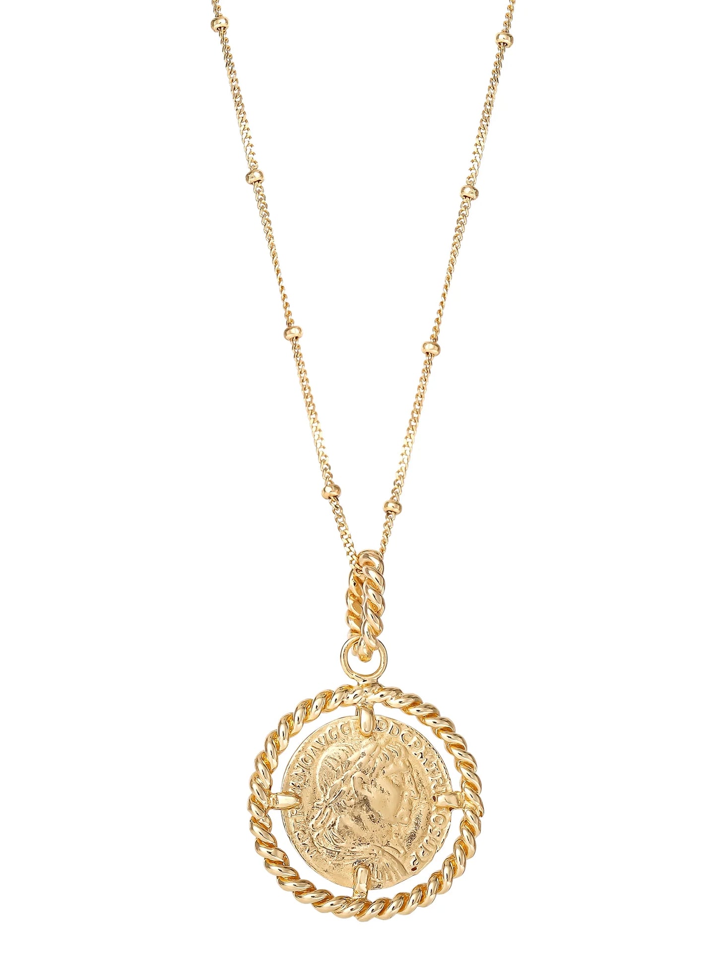 Women’S Gold Plated Sterling Silver Coin Pendant, 18” Beaded Chain