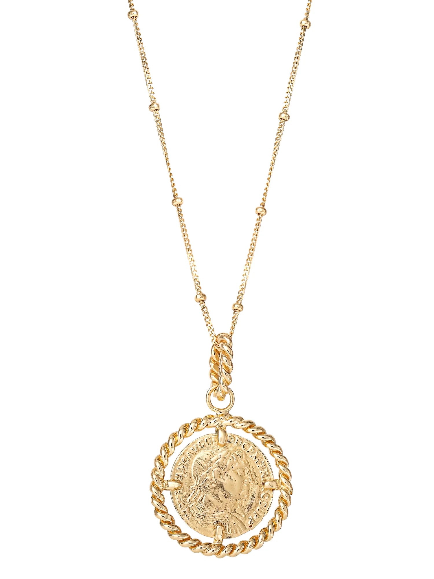 Women’S Gold Plated Sterling Silver Coin Pendant, 18” Beaded Chain