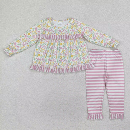 Wholesale Infant Long Sleeves Clothing Blue Flower Shirt Baby Girl Floral Outfit Toddler Skirt Skorts Shorts Children Kids Set