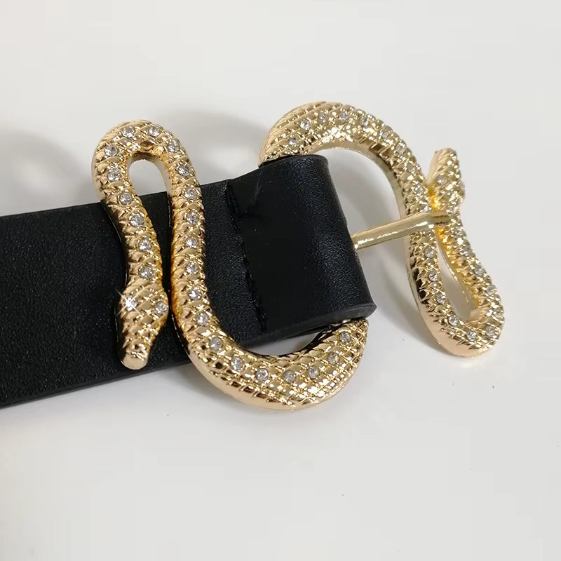 Designer Belts for Women High Quality Luxury Brand Shiny Rhinestone Snake Buckle PU Leather Corset Belt Ladies Jeans Waistband