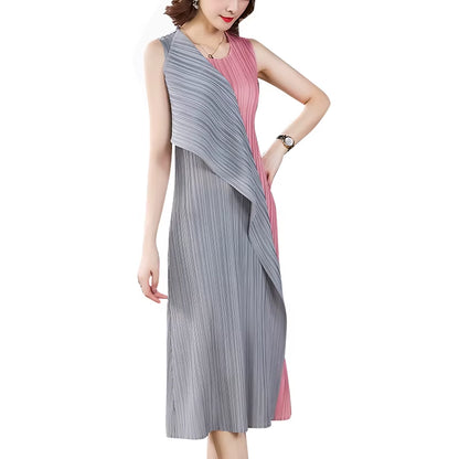 High Quality Miyak Pleated Dress Loose Elegant and Noble Chic Design Dress Comfortable Stitching Contrast Dresses Clothing