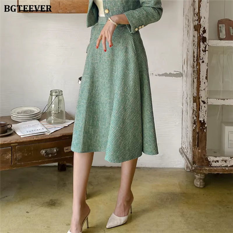 Vintage Ladies 2 Pieces Skirt Suits Short Jackets & High Waist A-Line Midi Skirts 2021 Autumn Elegant Women Suits