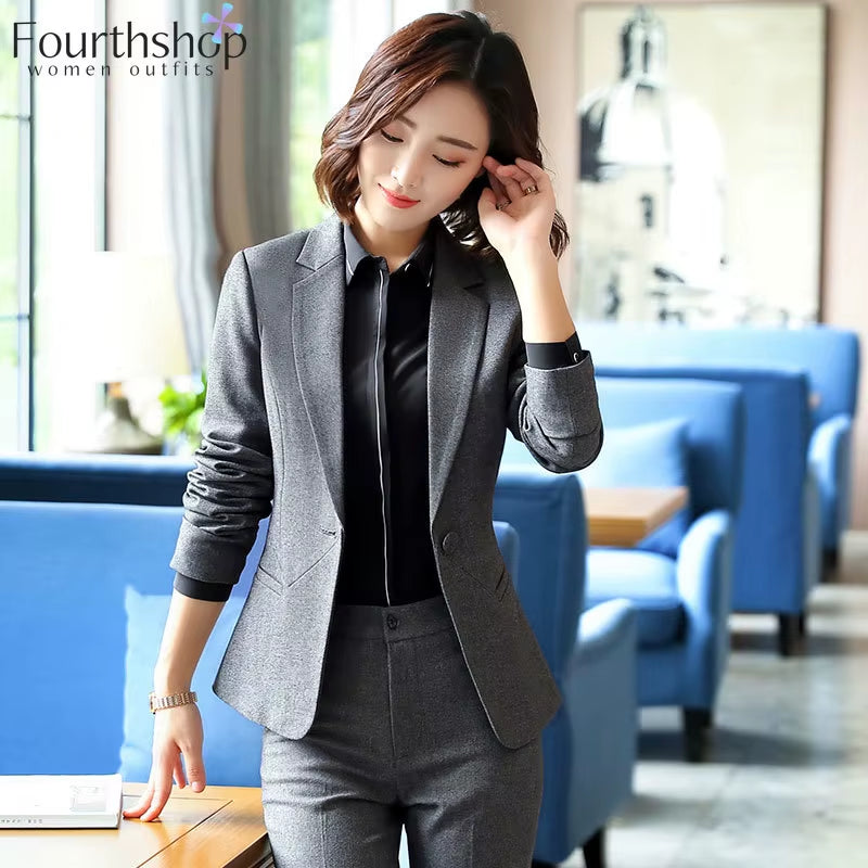 Two Piece Set Women Business Suits Black and Grey Elegant Office Lady Work Formal Pants Suits Female Autumn Winter Clothes 2023