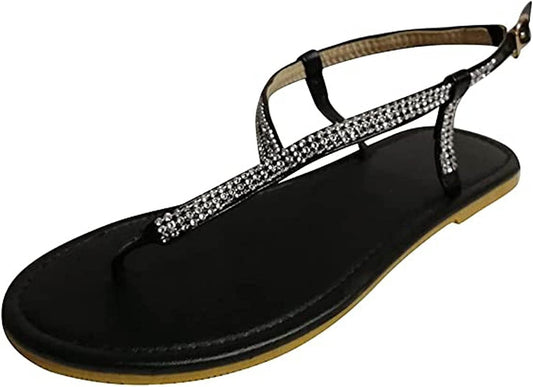 Sandals for Women Dressy Summer Clip-Toe Shoes Rhinestone Comfy Sandals Flats Casual Beach Shoes
