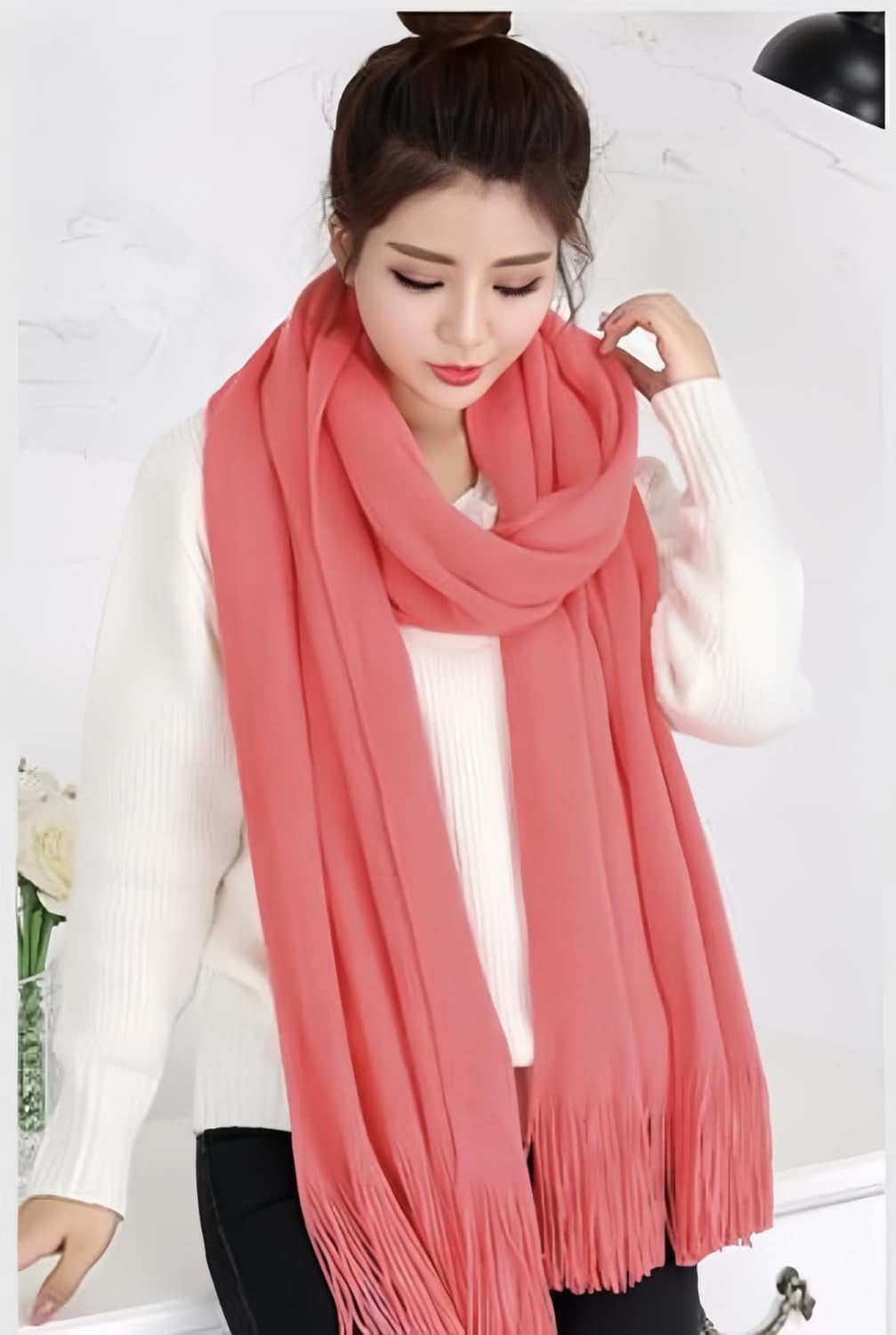 Women'S Warm Long Scarves Winter Scarfs Pure Color Scarf Tassel