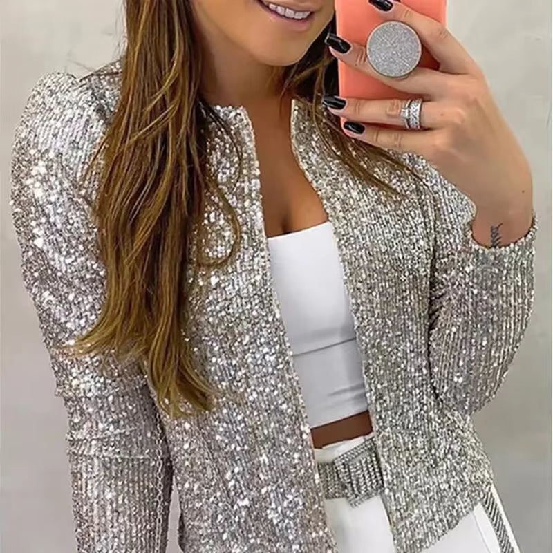 Women Sequin Jackets Glitter Long Sleeve Short Coats Streetwear Elegant Solid Female Tops Female Ladies Office Wear Streetwear