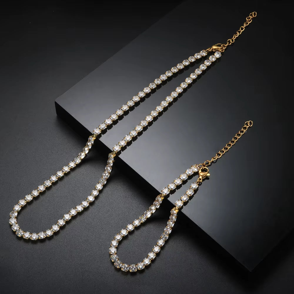 Fashion High Quality Stainless Steel Cubic Zirconia Collar Necklace Rhinestone Bracelet Woman Trendy Jewelry Set Gift Wholesale