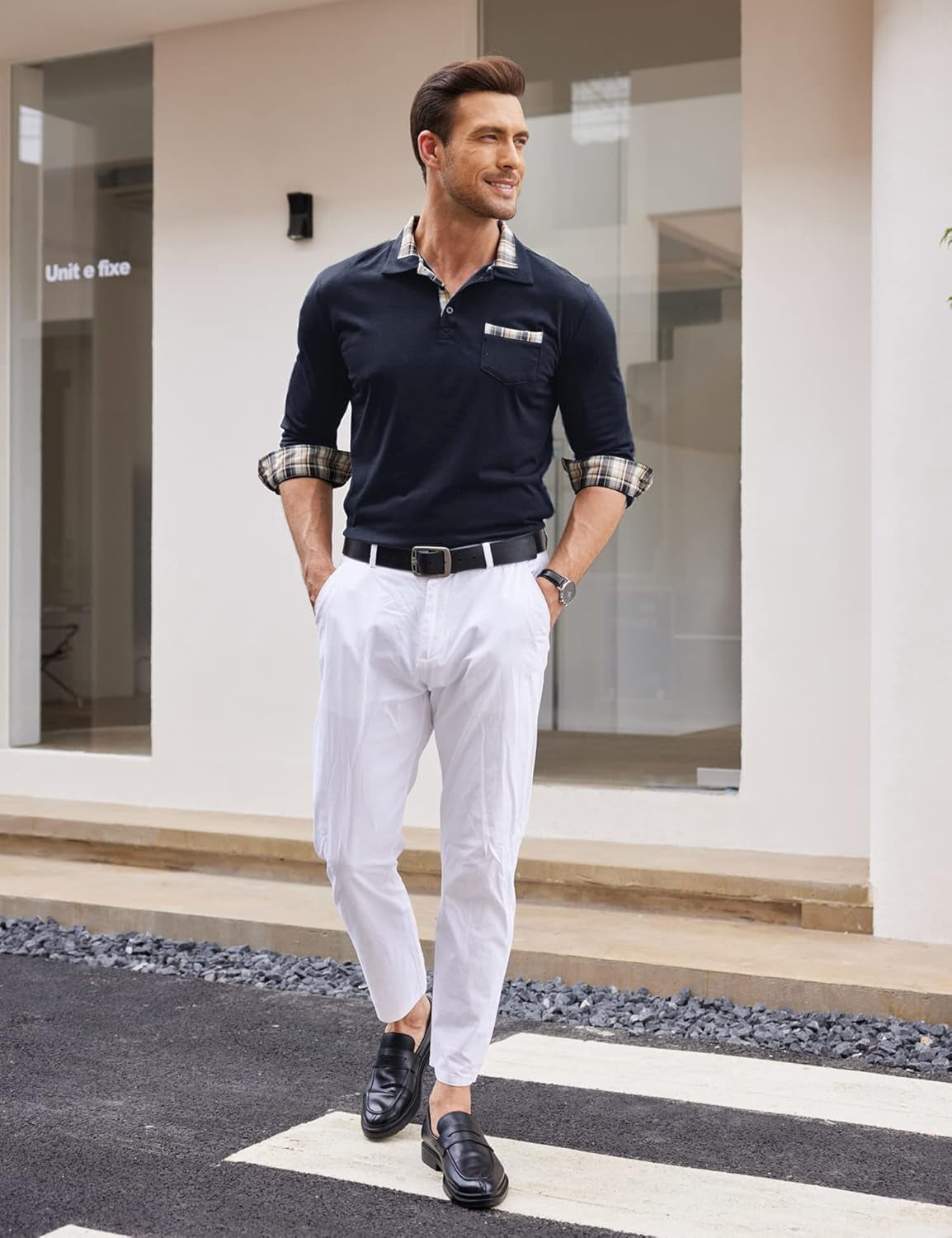 Men'S Casual Polo Shirt Long Sleeve Classic Plaid Button Tees with Pockets