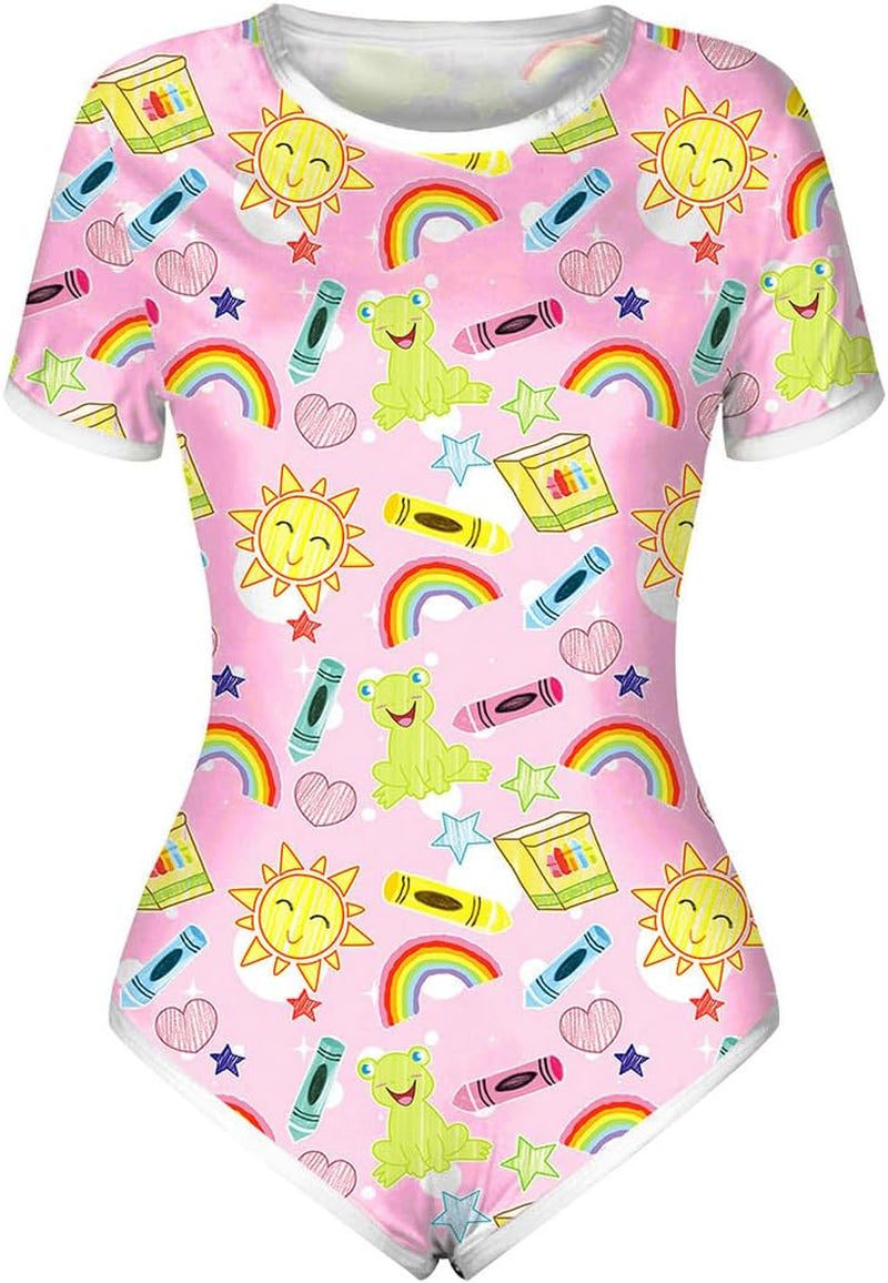 Women'S Short Sleeve Romper Pajamas Bodysuit Cute One Piece Sleepwear Bodycon Jumpsuit Nightwear