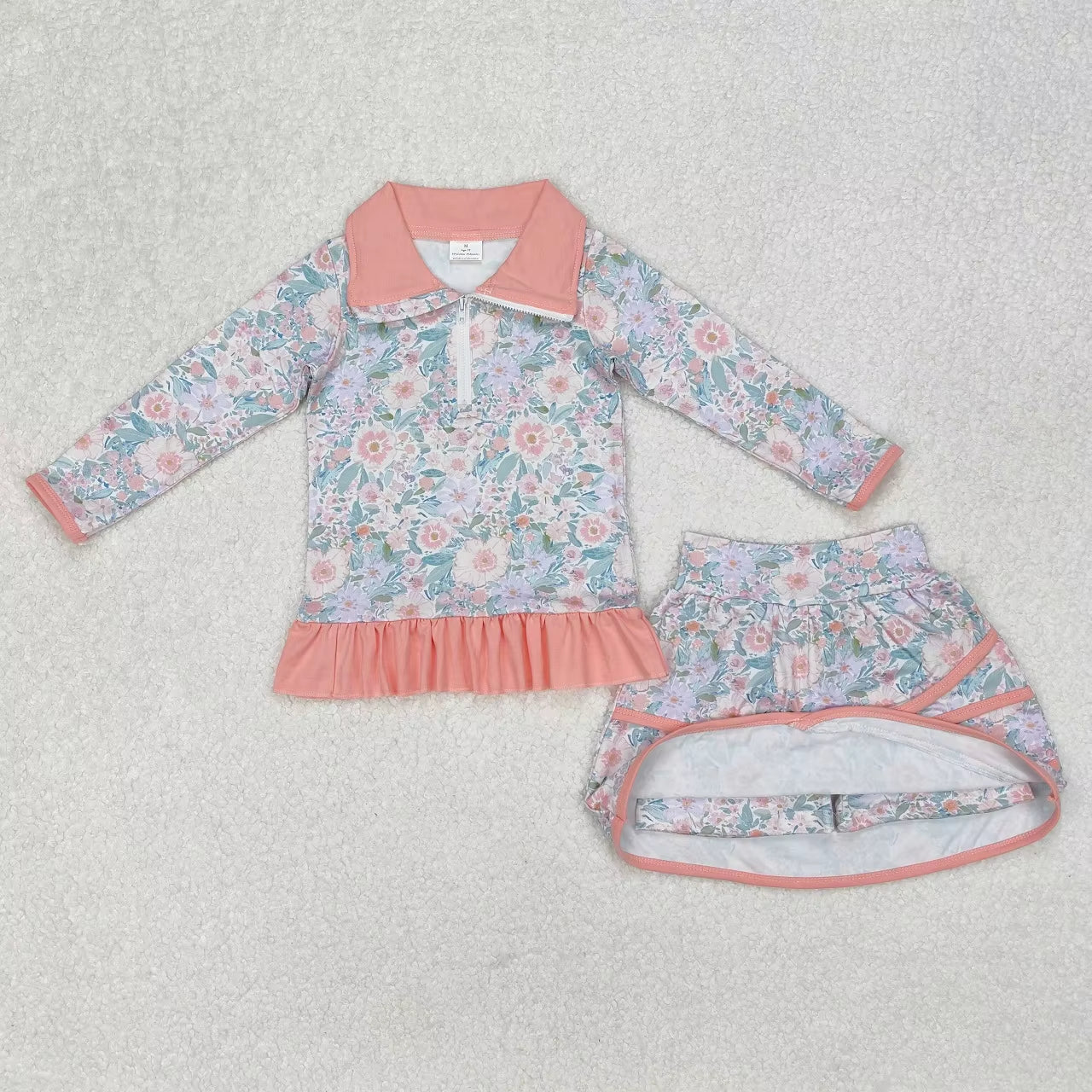 Wholesale Infant Long Sleeves Clothing Blue Flower Shirt Baby Girl Floral Outfit Toddler Skirt Skorts Shorts Children Kids Set