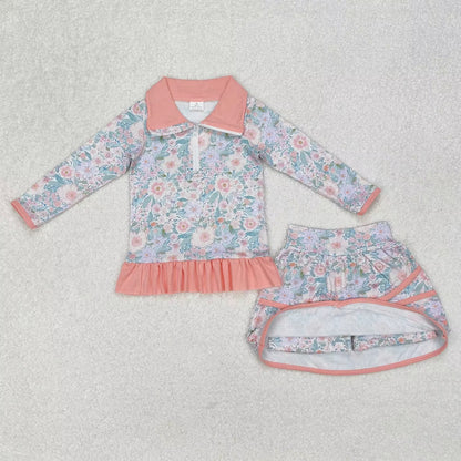 Wholesale Infant Long Sleeves Clothing Blue Flower Shirt Baby Girl Floral Outfit Toddler Skirt Skorts Shorts Children Kids Set