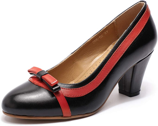 Leather Mid Chunky Pumps Elegant Women Slip on Classic Comfortable Elegant Handmade Work Shoes