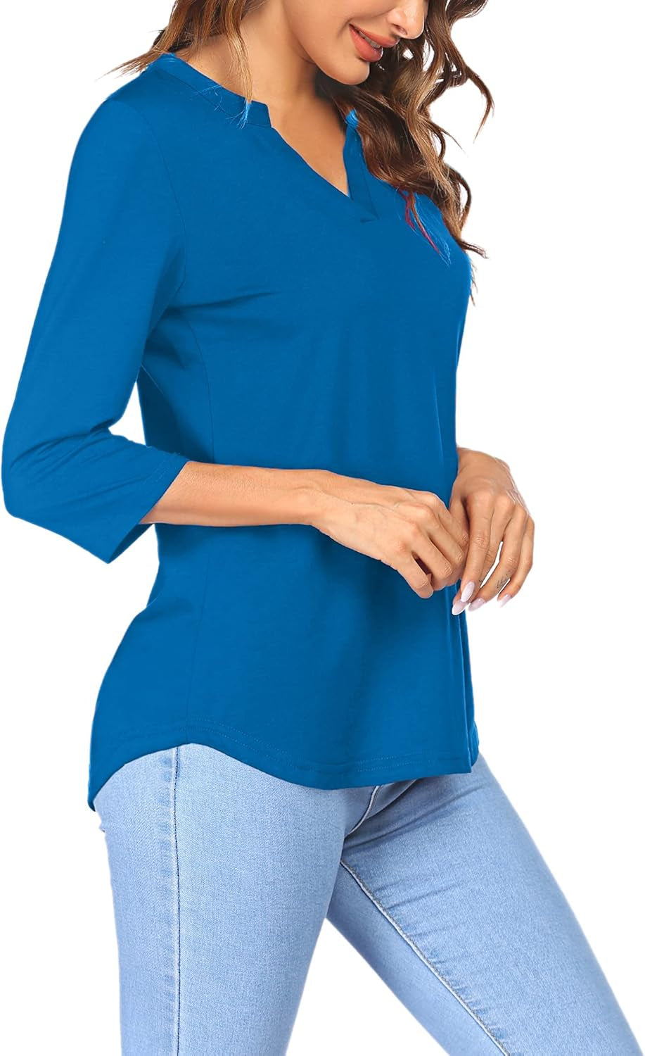 Women'S 3/4 Sleeve Shirts V Neck Casual Henley Work Tops Blouses