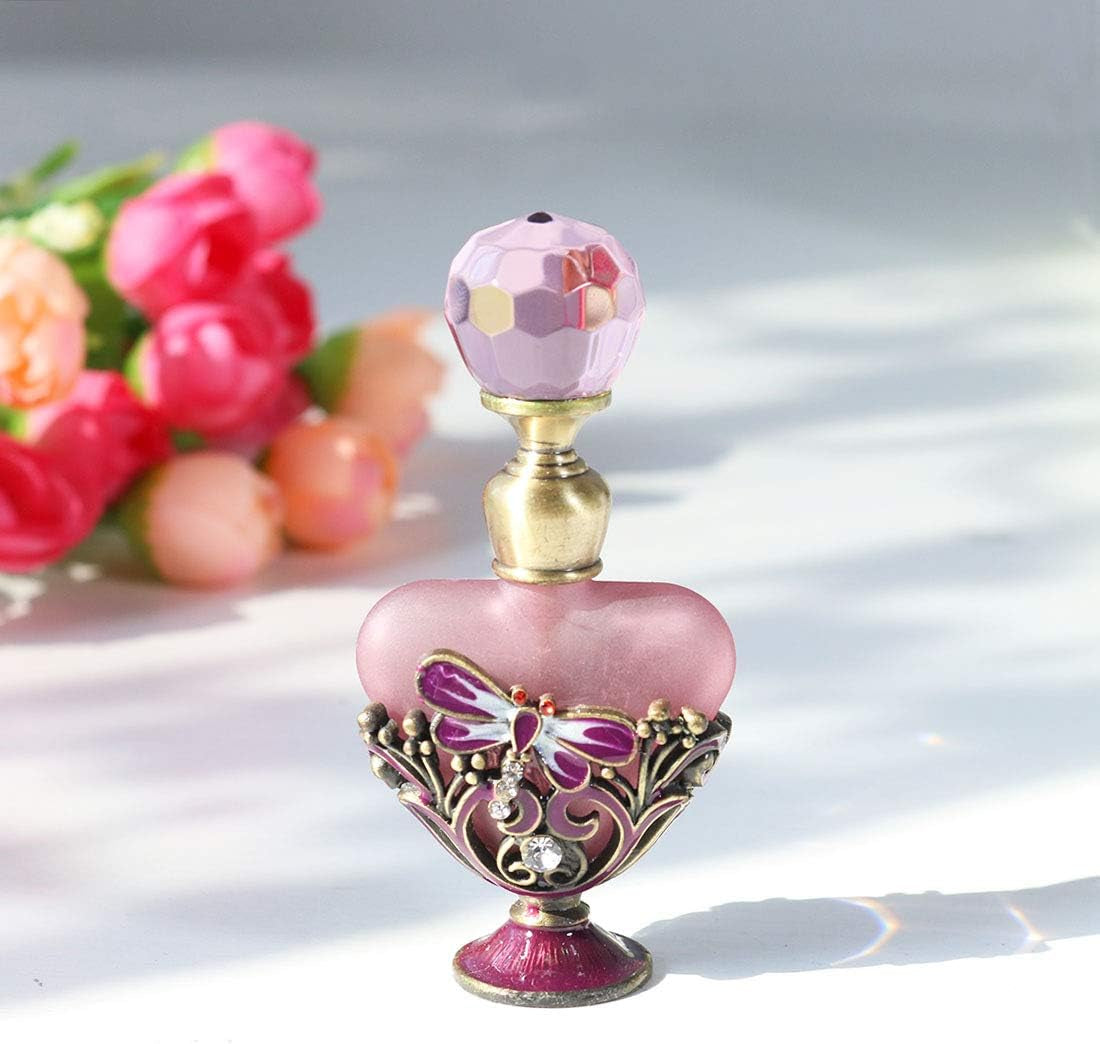 Vintage Dragonfly Pewter and Glass Perfume Bottle with Diamand, Empty Refillable Mini Perfume Bottle