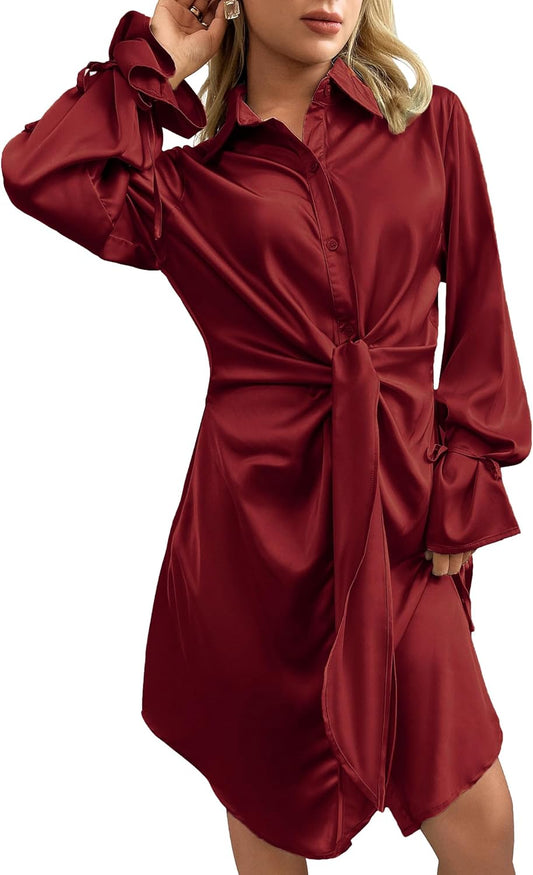 Fall Tie Front Mini Satin Shift Dress Button down Shirt Dress Outfit Ribboned Puff Sleeve Casual Dress Silky