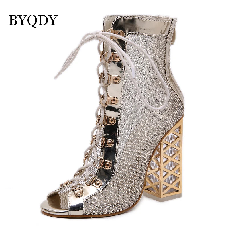 2021 New Summer Sandal Sexy Golden Bling Gladiator Sandals Women Pumps Shoes Lace-Up High Heels Sandals Boots Gold 43