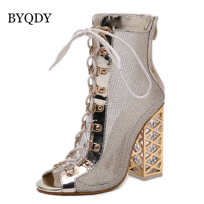 2021 New Summer Sandal Sexy Golden Bling Gladiator Sandals Women Pumps Shoes Lace-Up High Heels Sandals Boots Gold 43