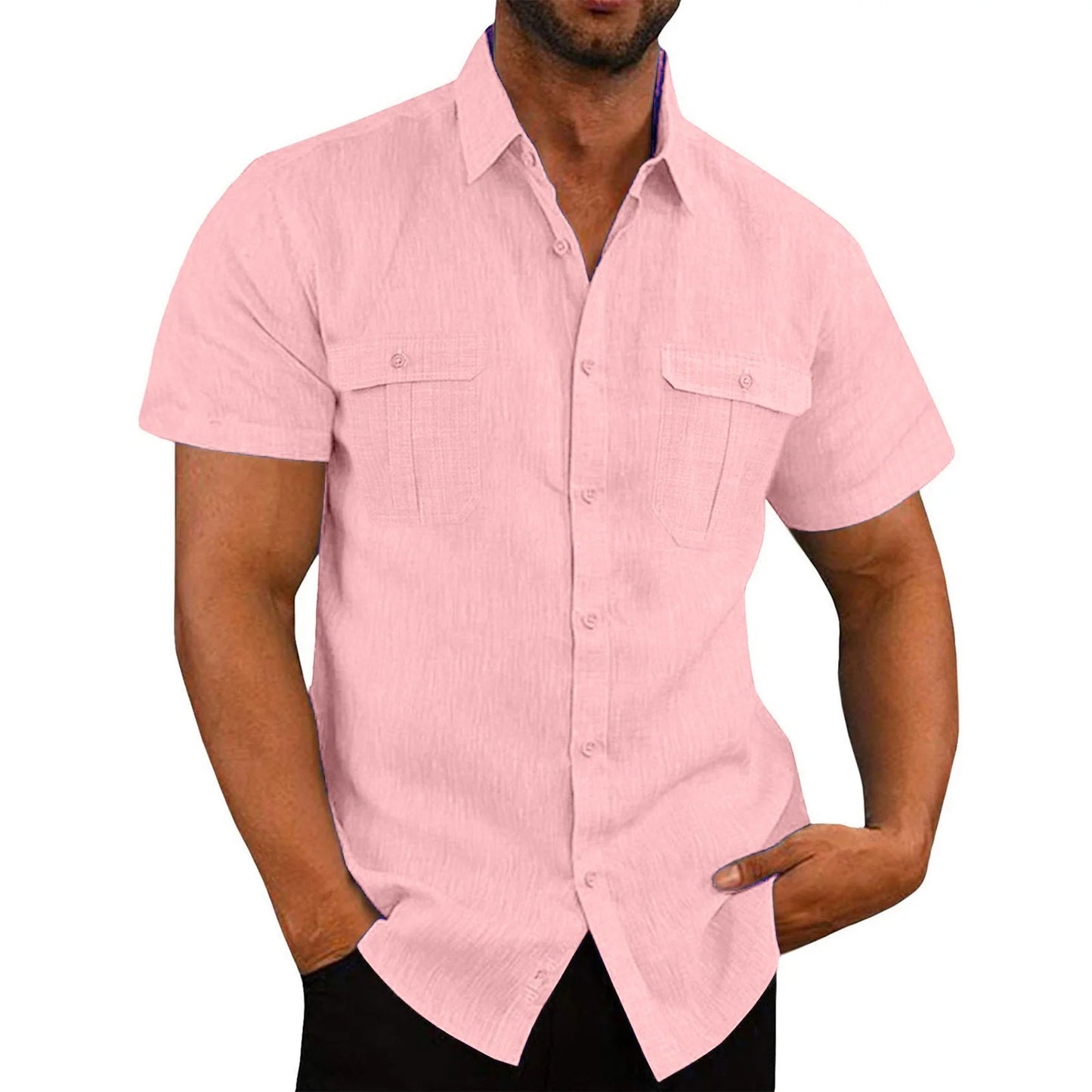 Mens Short Sleeve Classic Shirts Fishing Casual Regular-Fit Button-Up Collared Plaid Double Pocket Dress Shirt Top Tees Blouses Men Short Sleeve Shirts Button up Clearance Beach Wedding Shirt M-5XL