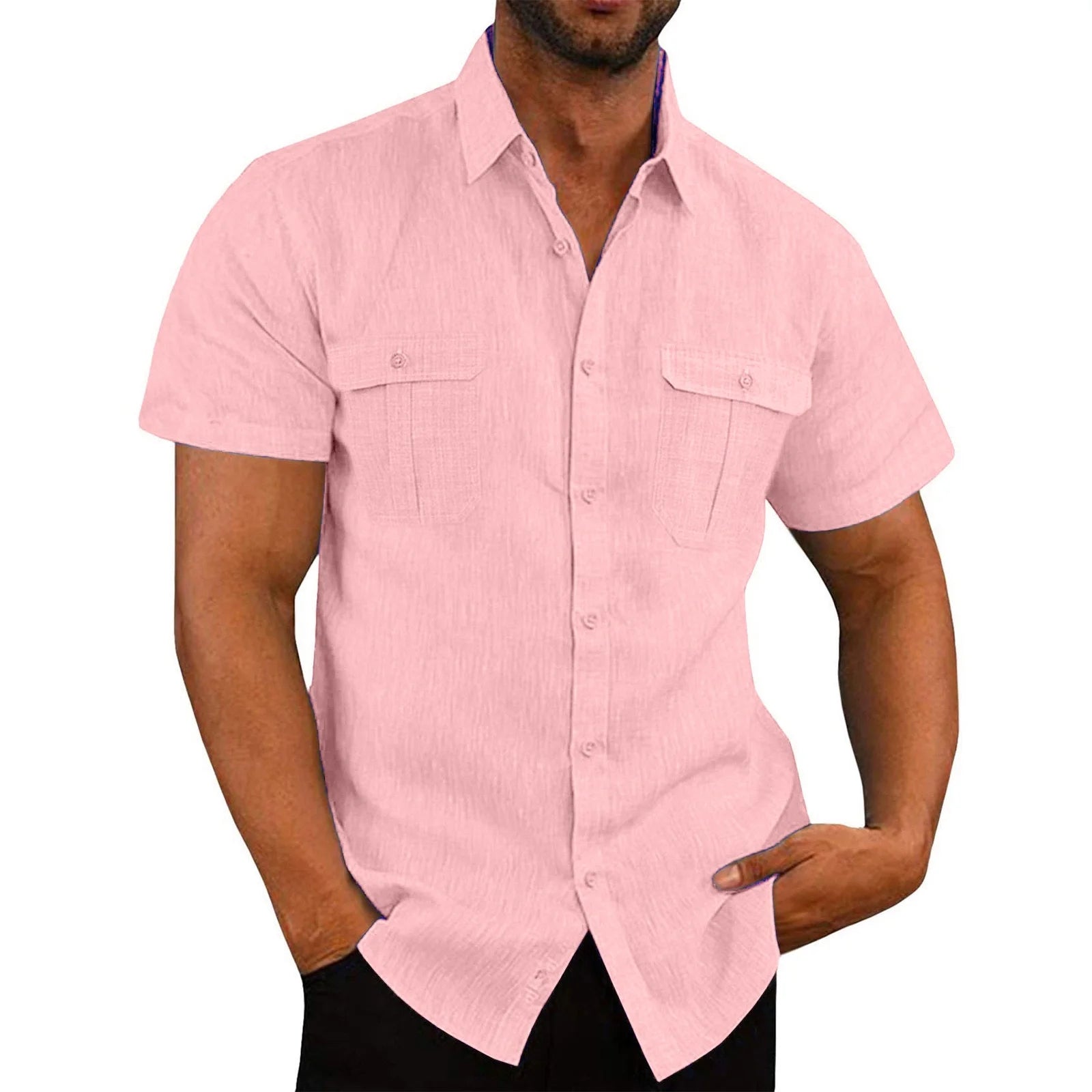 Mens Short Sleeve Classic Shirts Fishing Casual Regular-Fit Button-Up Collared Plaid Double Pocket Dress Shirt Top Tees Blouses Men Short Sleeve Shirts Button up Clearance Beach Wedding Shirt M-5XL